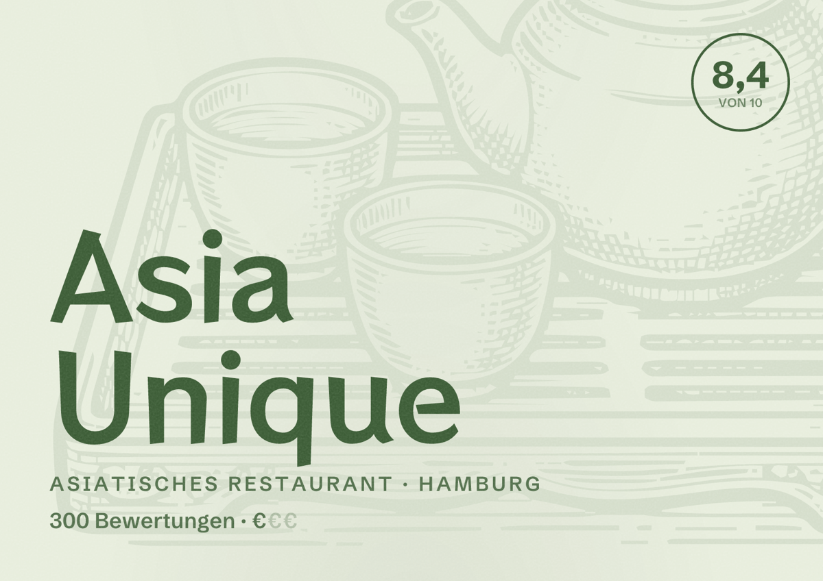 Illustriertes Poster von Asia Unique, Asiatisches Restaurant in Hamburg: Bewertung 8,4 von 10 aus 300 Bewertungen, Preisniveau €