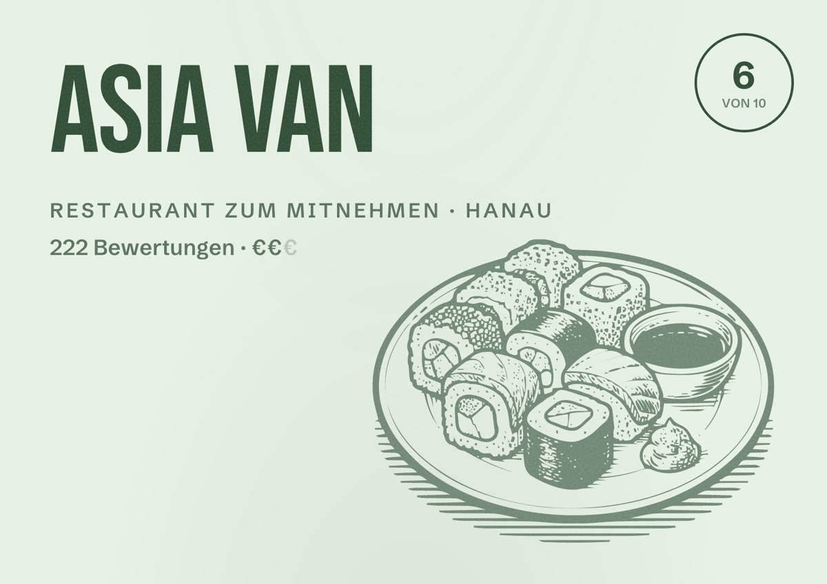 Illustriertes Poster von Asia Van, Restaurant zum Mitnehmen in Hanau: Bewertung 6 von 10 aus 222 Bewertungen, Preisniveau €€