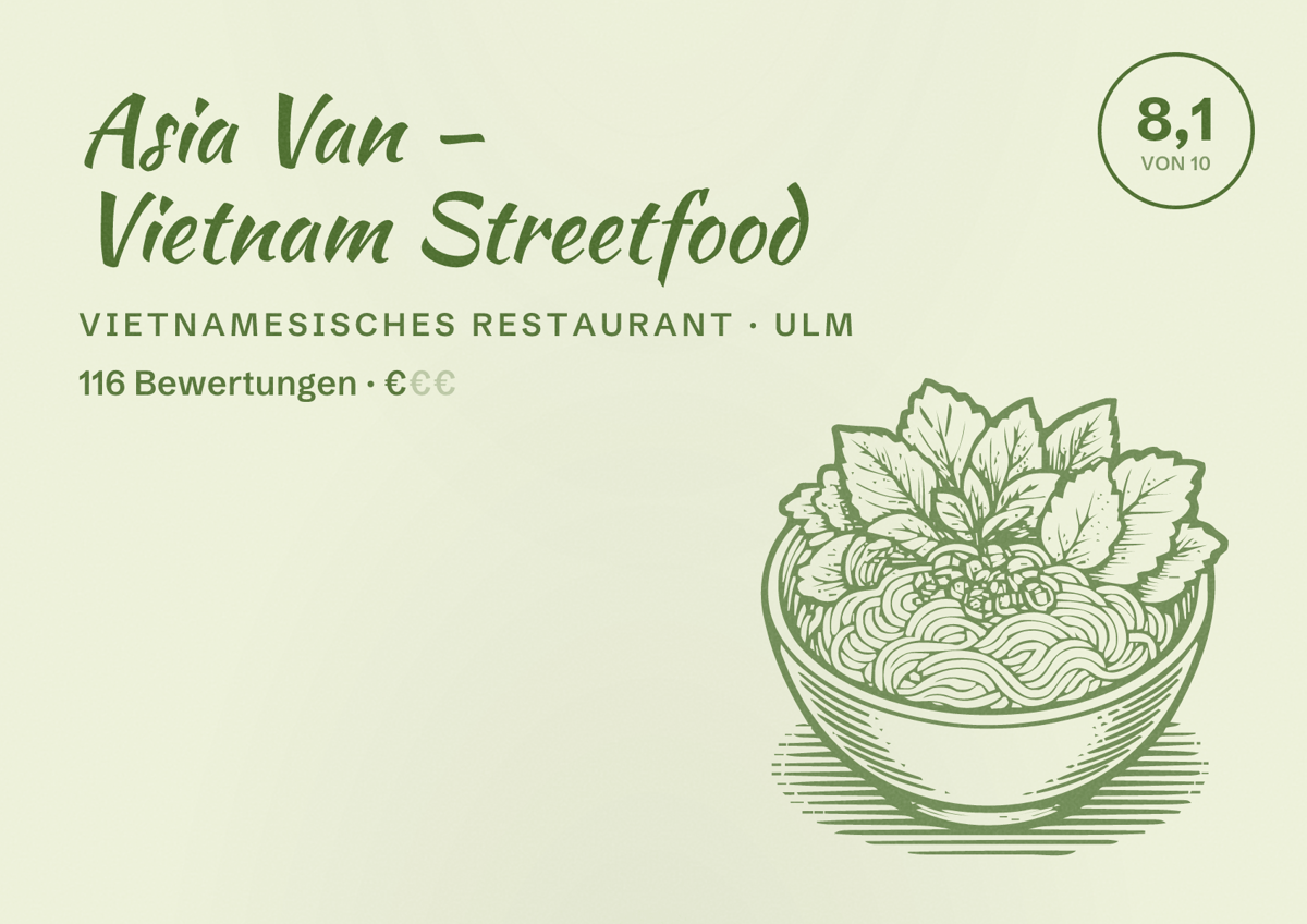Illustriertes Poster von Asia Van – Vietnam Streetfood, Vietnamesisches Restaurant in Ulm: Bewertung 8,1 von 10 aus 116 Bewertungen, Preisniveau €