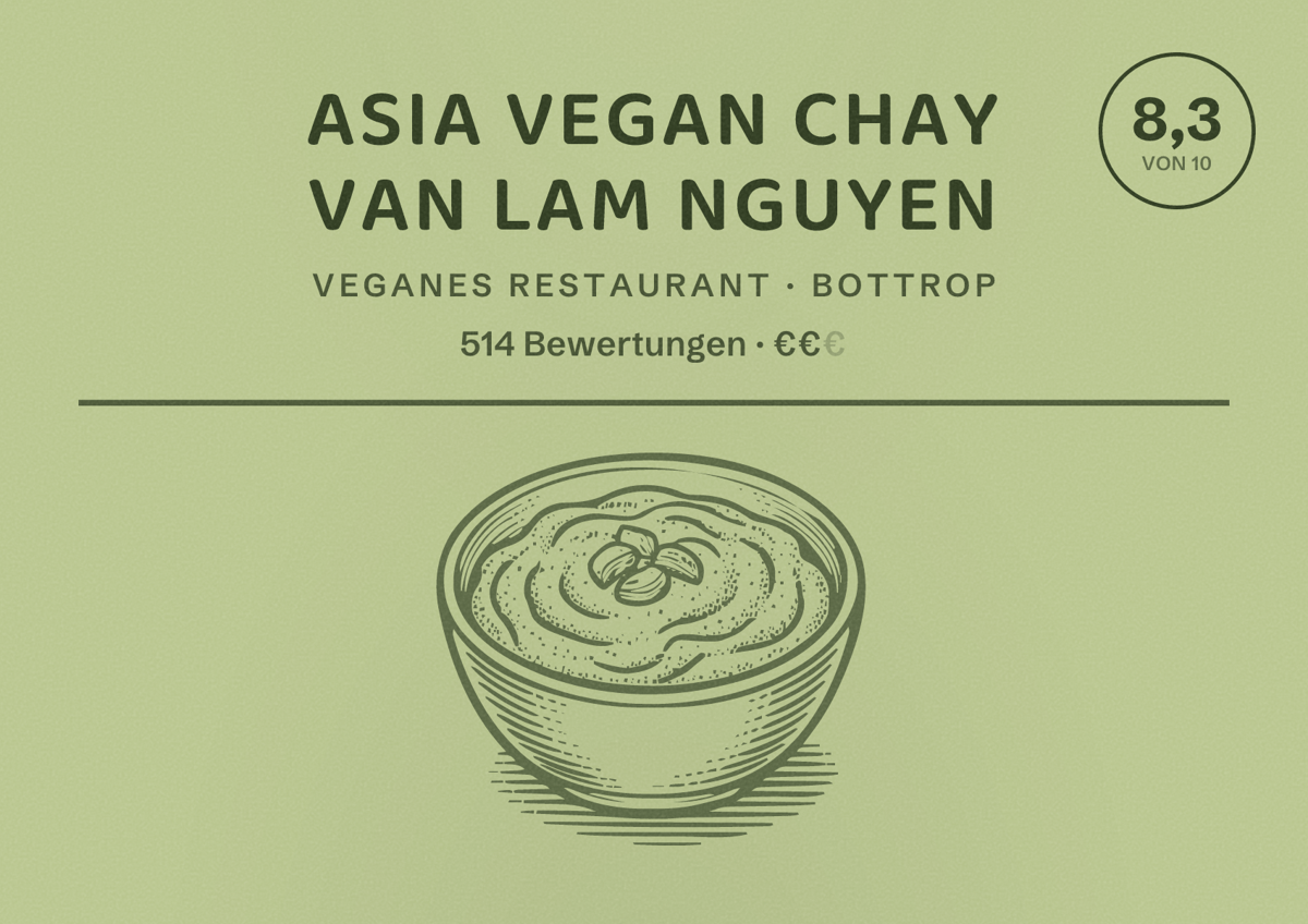 Illustriertes Poster von Asia Vegan Chay Van Lam Nguyen, Veganes Restaurant in Bottrop: Bewertung 8,3 von 10 aus 514 Bewertungen, Preisniveau €€