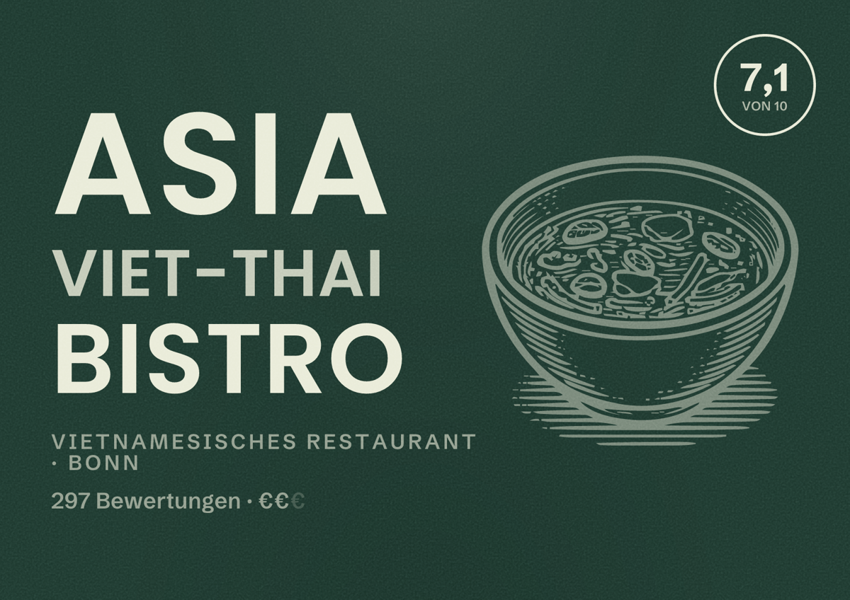 Illustriertes Poster von Asia Viet-Thai Bistro, Vietnamesisches Restaurant in Bonn: Bewertung 7,1 von 10 aus 297 Bewertungen, Preisniveau €€