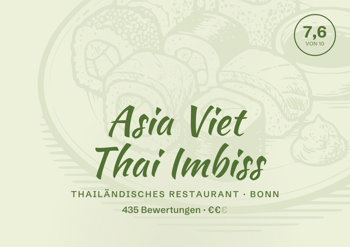 Illustriertes Poster von Asia Viet Thai Imbiss, Thailändisches Restaurant in Bonn: Gästebewertung 7,6 von 10 aus 435 Bewertungen