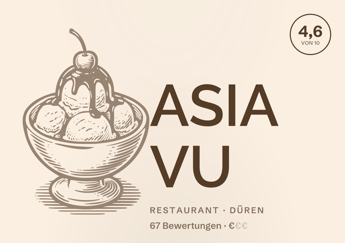 Illustriertes Poster von ASIA VU, Restaurant in Düren: Bewertung 4,6 von 10 aus 67 Bewertungen, Preisniveau €