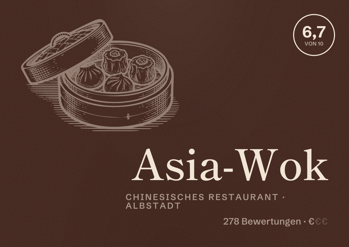 Illustriertes Poster von Asia-Wok, Chinesisches Restaurant in Albstadt: Bewertung 6,7 von 10 aus 278 Bewertungen, Preisniveau €
