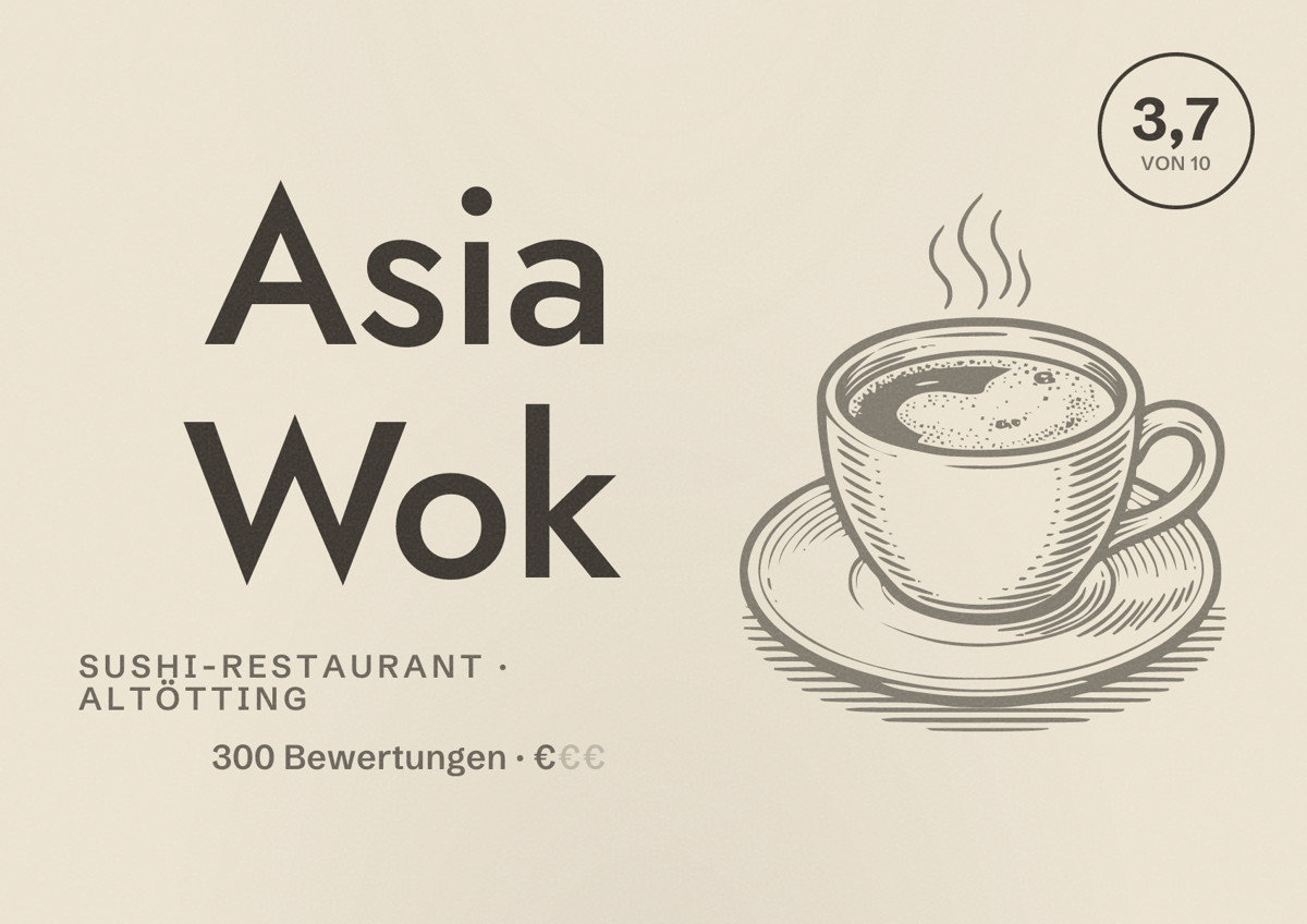 Illustriertes Poster von Asia Wok, Sushi-Restaurant in Altötting: Bewertung 3,7 von 10 aus 300 Bewertungen, Preisniveau €