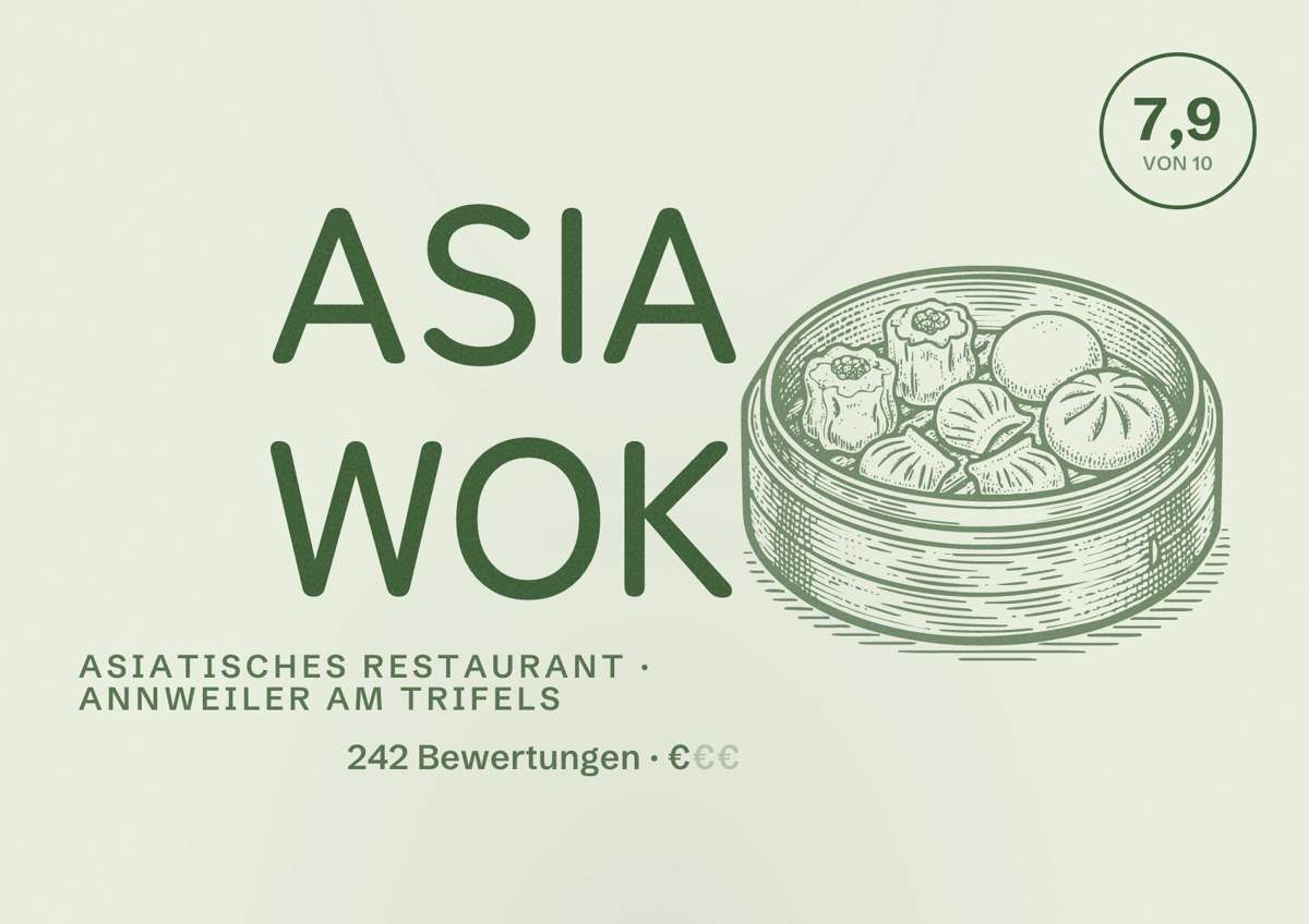 Illustriertes Poster von ASIA WOK, Asiatisches Restaurant in Annweiler am Trifels: Bewertung 7,9 von 10 aus 242 Bewertungen, Preisniveau €