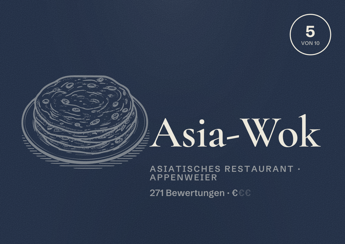 Illustriertes Poster von Asia-Wok, Asiatisches Restaurant in Appenweier: Bewertung 5 von 10 aus 271 Bewertungen, Preisniveau €