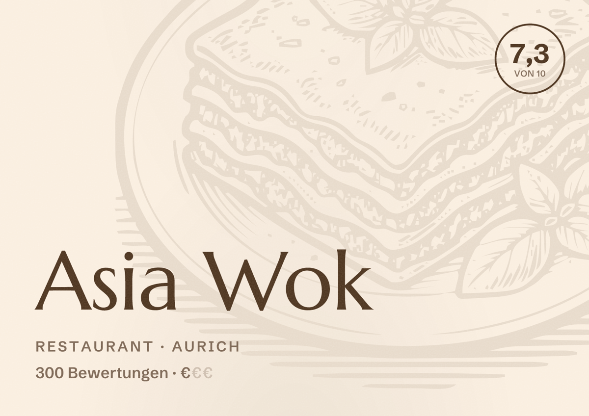 Illustriertes Poster von Asia Wok, Restaurant in Aurich: Bewertung 7,3 von 10 aus 300 Bewertungen, Preisniveau €