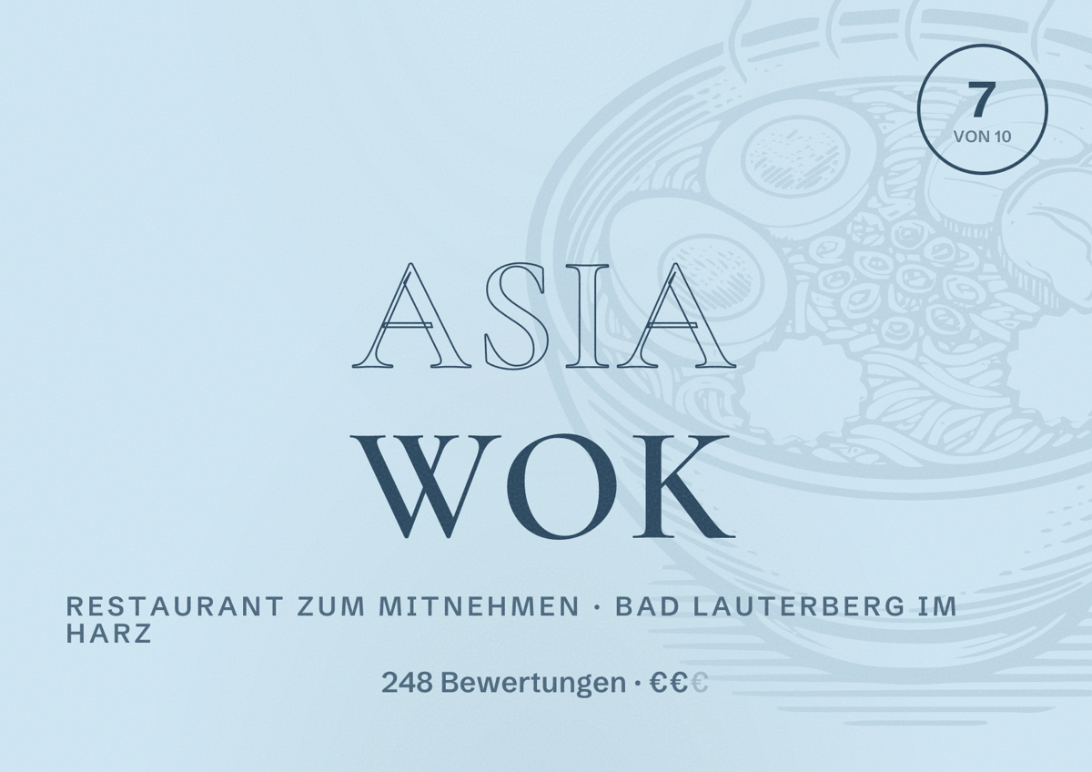 Illustriertes Poster von Asia Wok, Restaurant zum Mitnehmen in Bad Lauterberg im Harz: Bewertung 7 von 10 aus 248 Bewertungen, Preisniveau €€