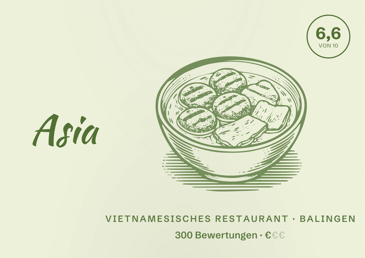 Illustriertes Poster von Asia Wok, Vietnamesisches Restaurant in Balingen: Bewertung 6,6 von 10 aus 300 Bewertungen, Preisniveau €