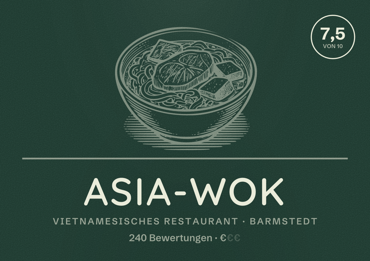 Illustriertes Poster von Asia-Wok, Vietnamesisches Restaurant in Barmstedt: Bewertung 7,5 von 10 aus 240 Bewertungen, Preisniveau €