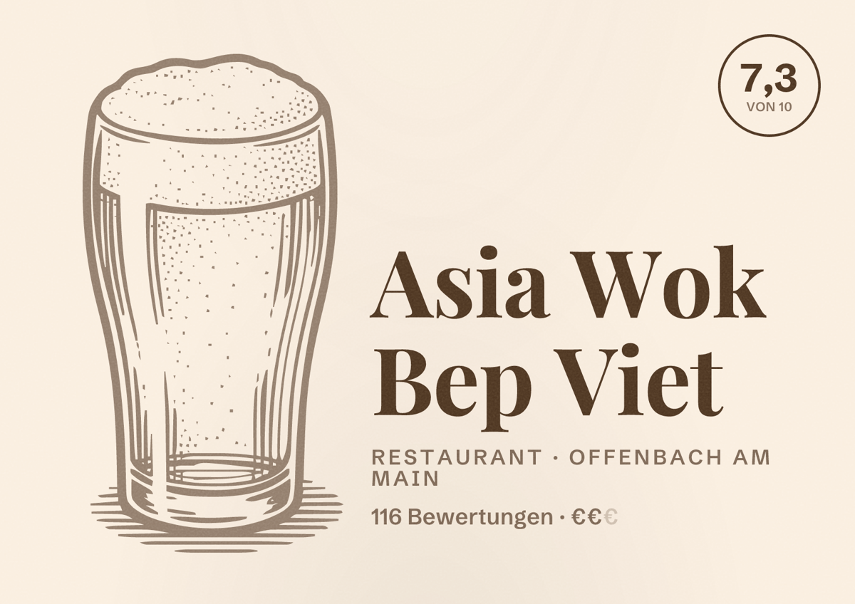 Illustriertes Poster von Asia Wok Bep Viet, Restaurant in Offenbach am Main: Bewertung 7,3 von 10 aus 116 Bewertungen, Preisniveau €€