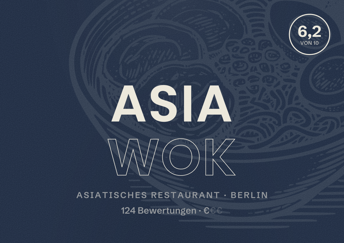 Illustriertes Poster von Asia Wok, Asiatisches Restaurant in Berlin: Bewertung 6,2 von 10 aus 124 Bewertungen, Preisniveau €
