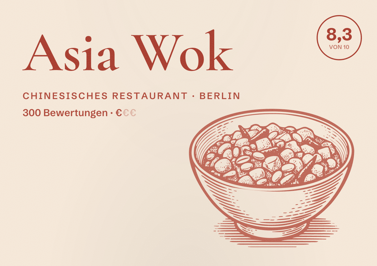 Illustriertes Poster von Asia Wok, Chinesisches Restaurant in Berlin: Bewertung 8,3 von 10 aus 300 Bewertungen, Preisniveau €