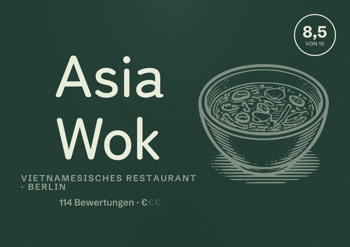 Illustriertes Poster von Asia Wok, Vietnamesisches Restaurant in Berlin: Bewertung 8,5 von 10 aus 114 Bewertungen, Preisniveau €