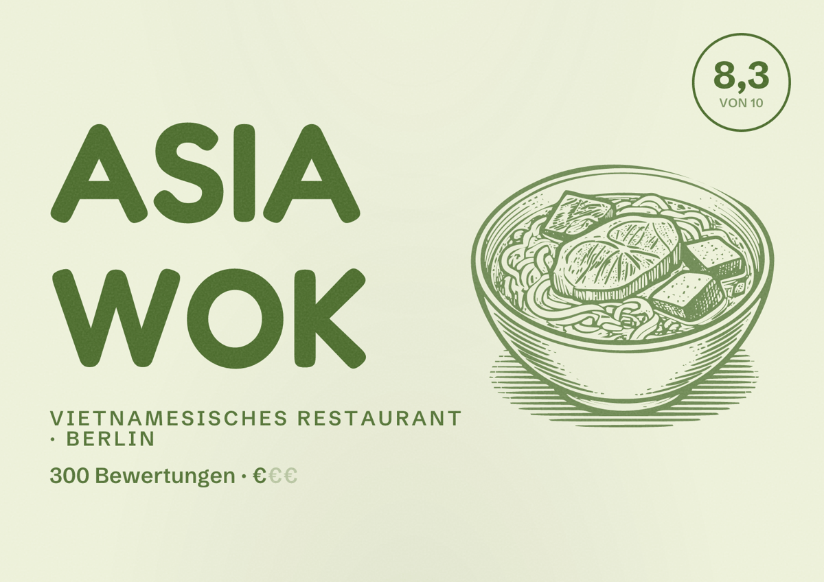 Illustriertes Poster von Asia Wok, Vietnamesisches Restaurant in Berlin: Bewertung 8,3 von 10 aus 300 Bewertungen, Preisniveau €