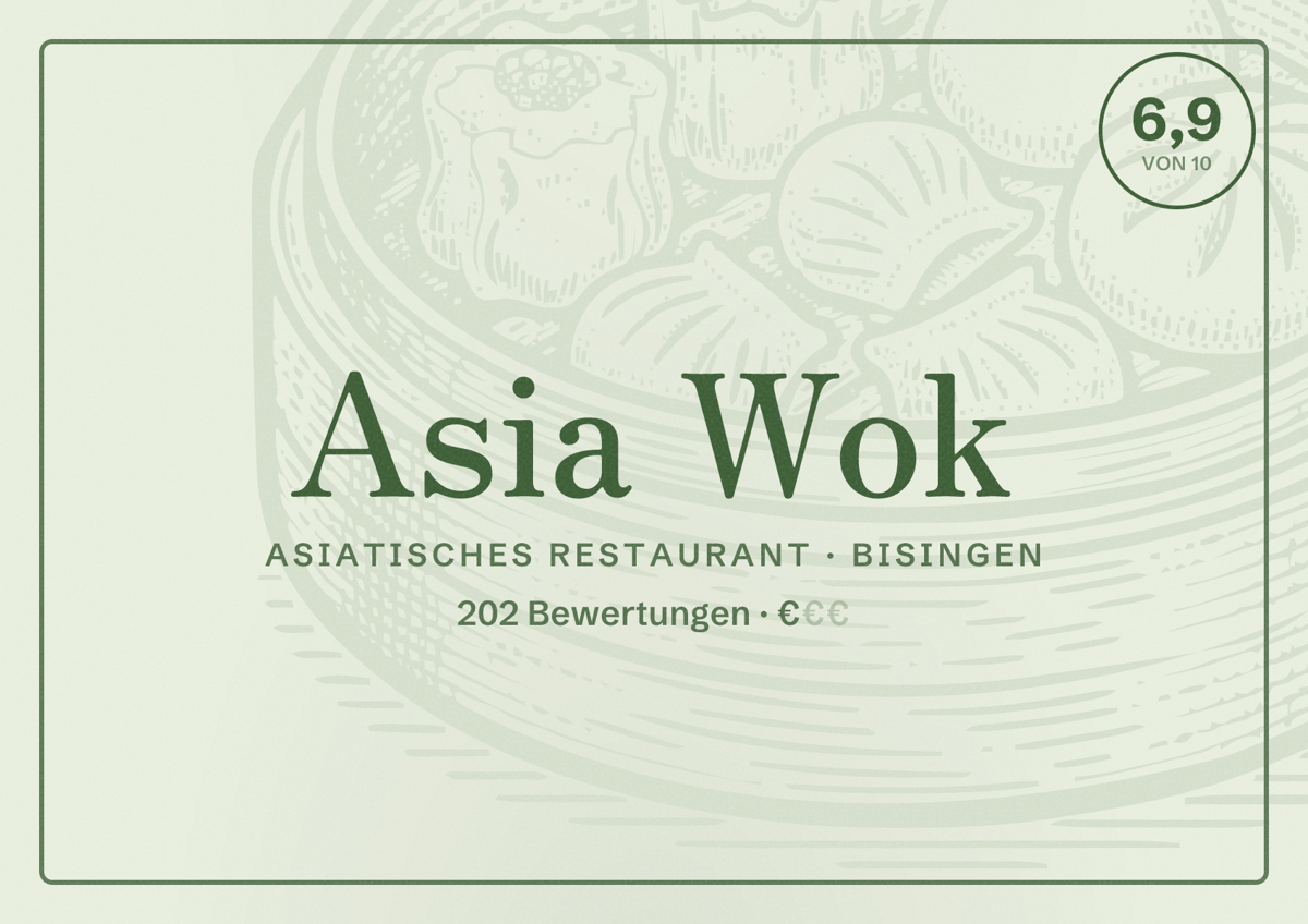 Illustriertes Poster von Asia Wok, Asiatisches Restaurant in Bisingen: Bewertung 6,9 von 10 aus 202 Bewertungen, Preisniveau €