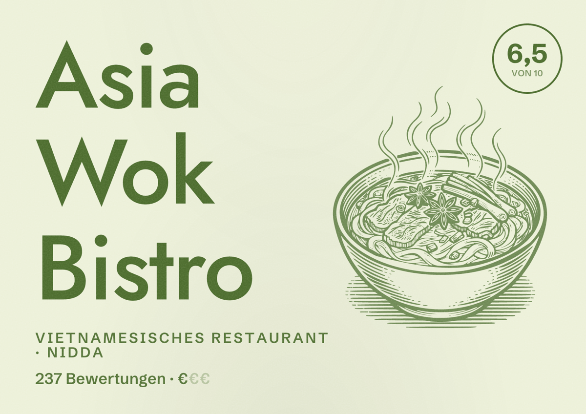 Illustriertes Poster von Asia Wok Bistro, Vietnamesisches Restaurant in Nidda: Bewertung 6,5 von 10 aus 237 Bewertungen, Preisniveau €
