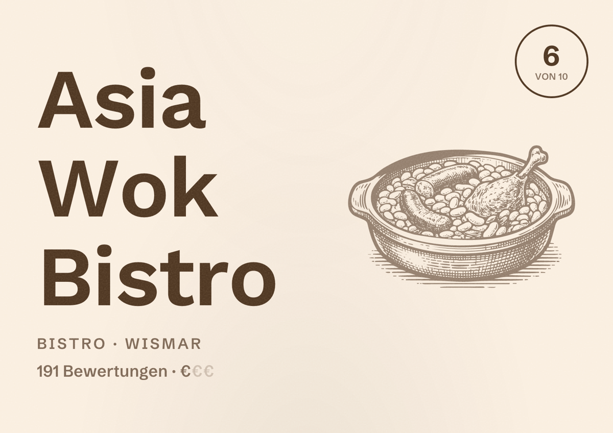 Illustriertes Poster von Asia Wok Bistro, Bistro in Wismar: Bewertung 6 von 10 aus 191 Bewertungen, Preisniveau €