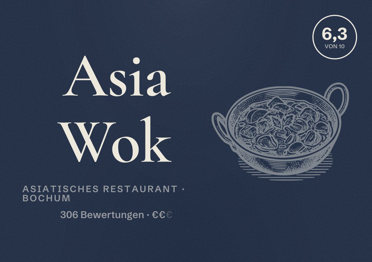 Illustriertes Poster von Asia Wok, Asiatisches Restaurant in Bochum: Bewertung 6,3 von 10 aus 306 Bewertungen, Preisniveau €€