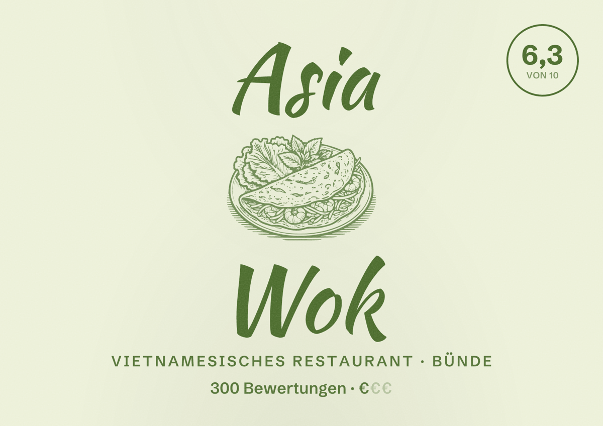 Illustriertes Poster von Asia Wok, Vietnamesisches Restaurant in Bünde: Bewertung 6,3 von 10 aus 300 Bewertungen, Preisniveau €