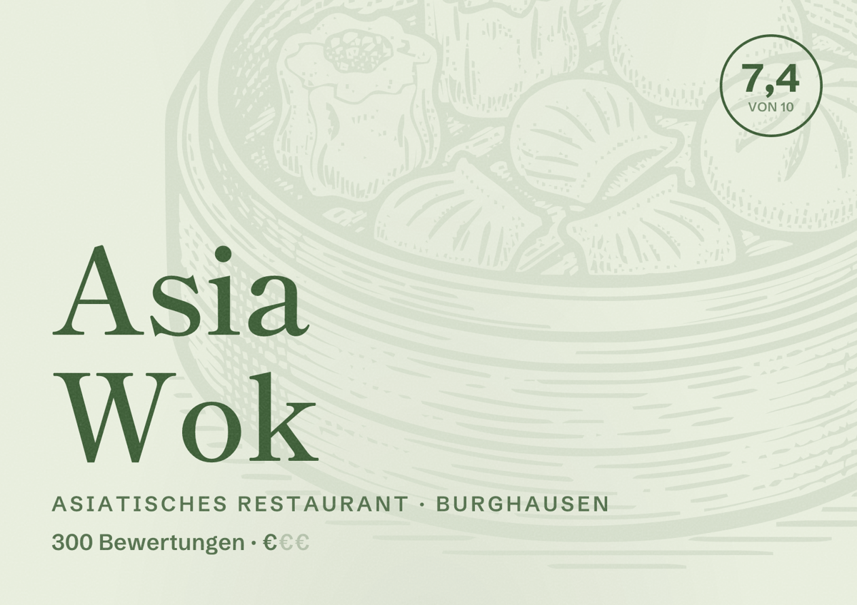 Illustriertes Poster von Asia Wok, Asiatisches Restaurant in Burghausen: Bewertung 7,4 von 10 aus 300 Bewertungen, Preisniveau €