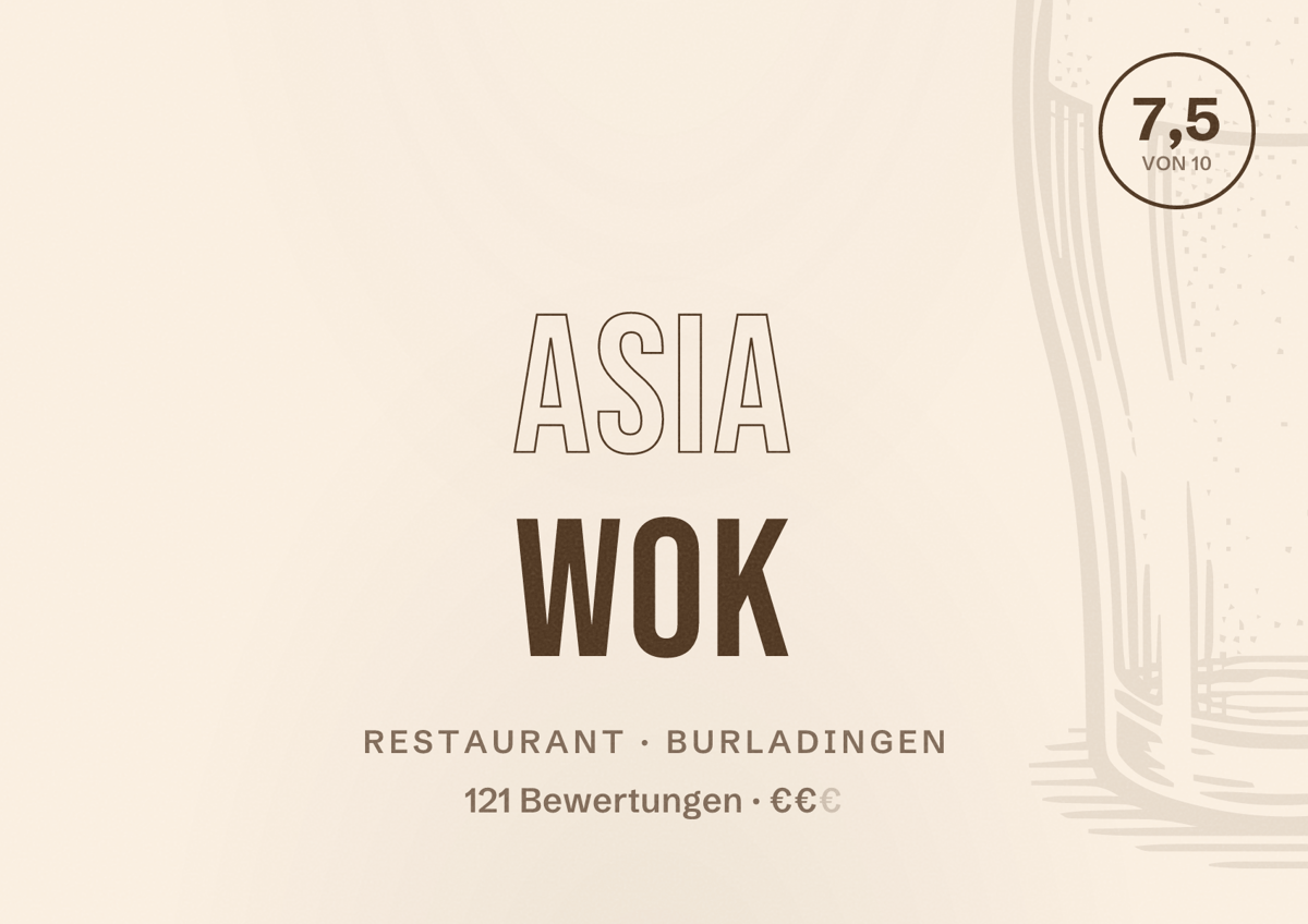 Illustriertes Poster von Asia Wok, Restaurant in Burladingen: Bewertung 7,5 von 10 aus 121 Bewertungen, Preisniveau €€