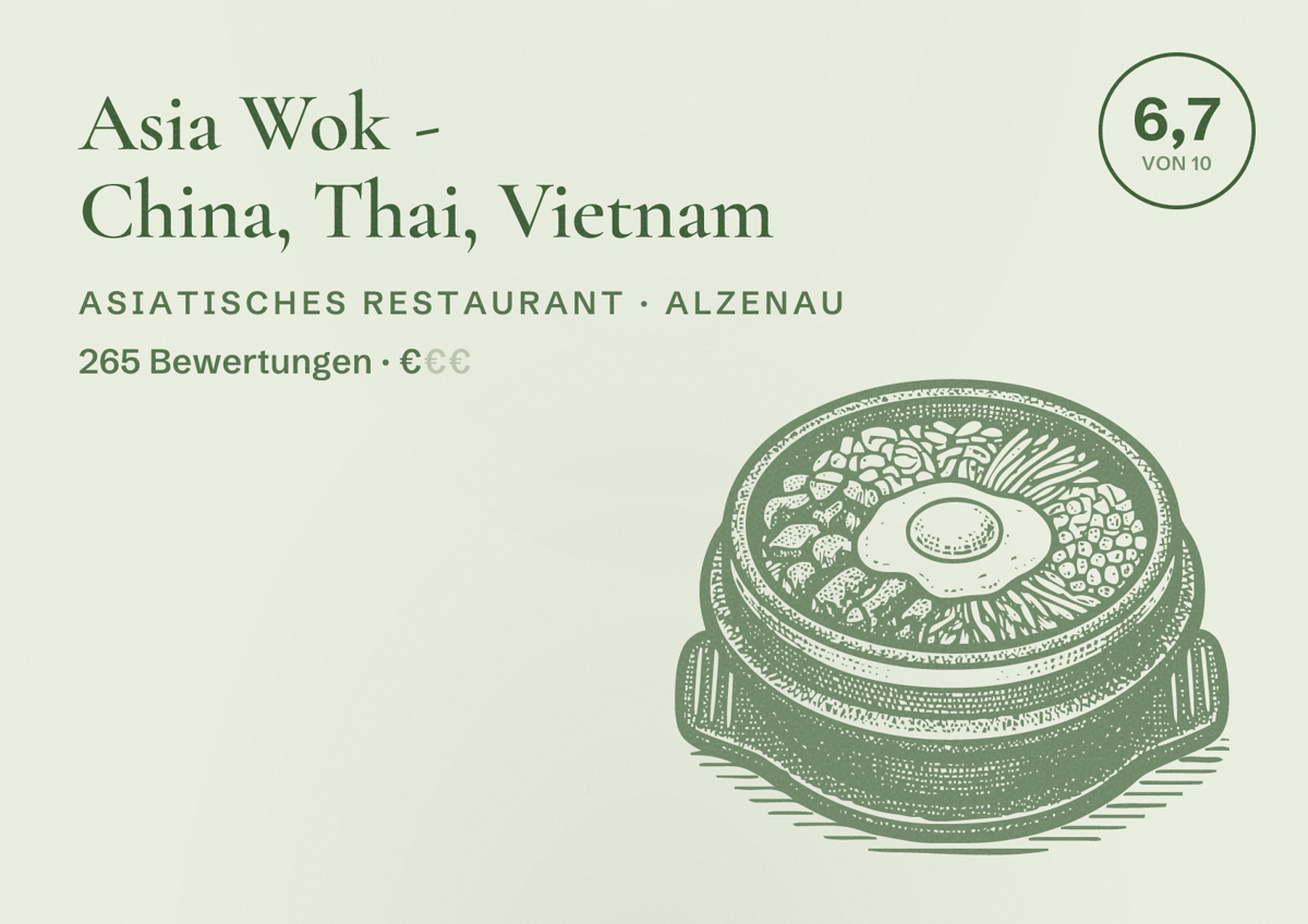 Illustriertes Poster von Asia Wok - China, Thai, Vietnam, Asiatisches Restaurant in Alzenau: Bewertung 6,7 von 10 aus 265 Bewertungen, Preisniveau €