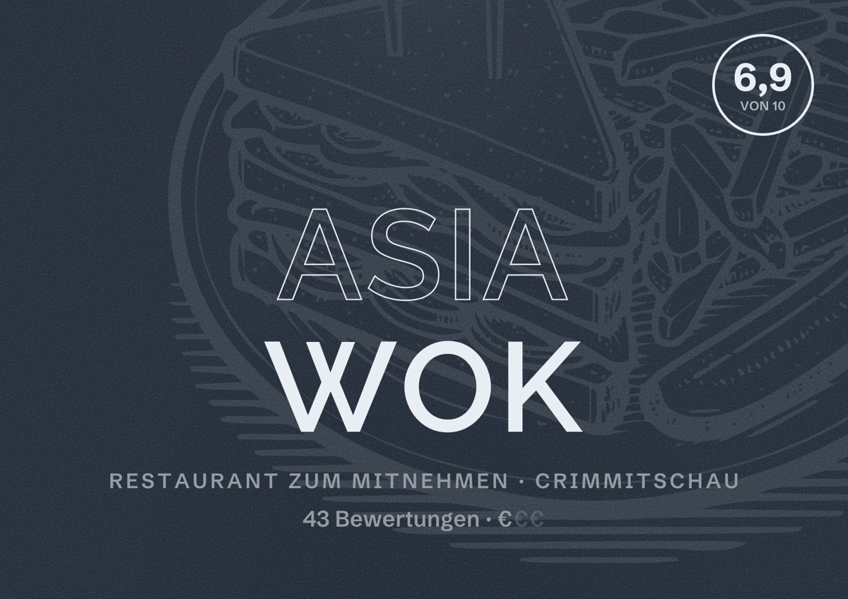Illustriertes Poster von Asia Wok, Restaurant zum Mitnehmen in Crimmitschau: Bewertung 6,9 von 10 aus 43 Bewertungen, Preisniveau €