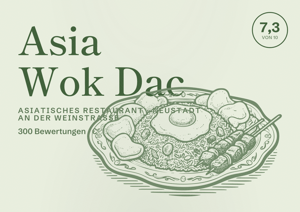 Illustriertes Poster von Asia Wok Dac, Asiatisches Restaurant in Neustadt an der Weinstraße: Bewertung 7,3 von 10 aus 300 Bewertungen, Preisniveau €
