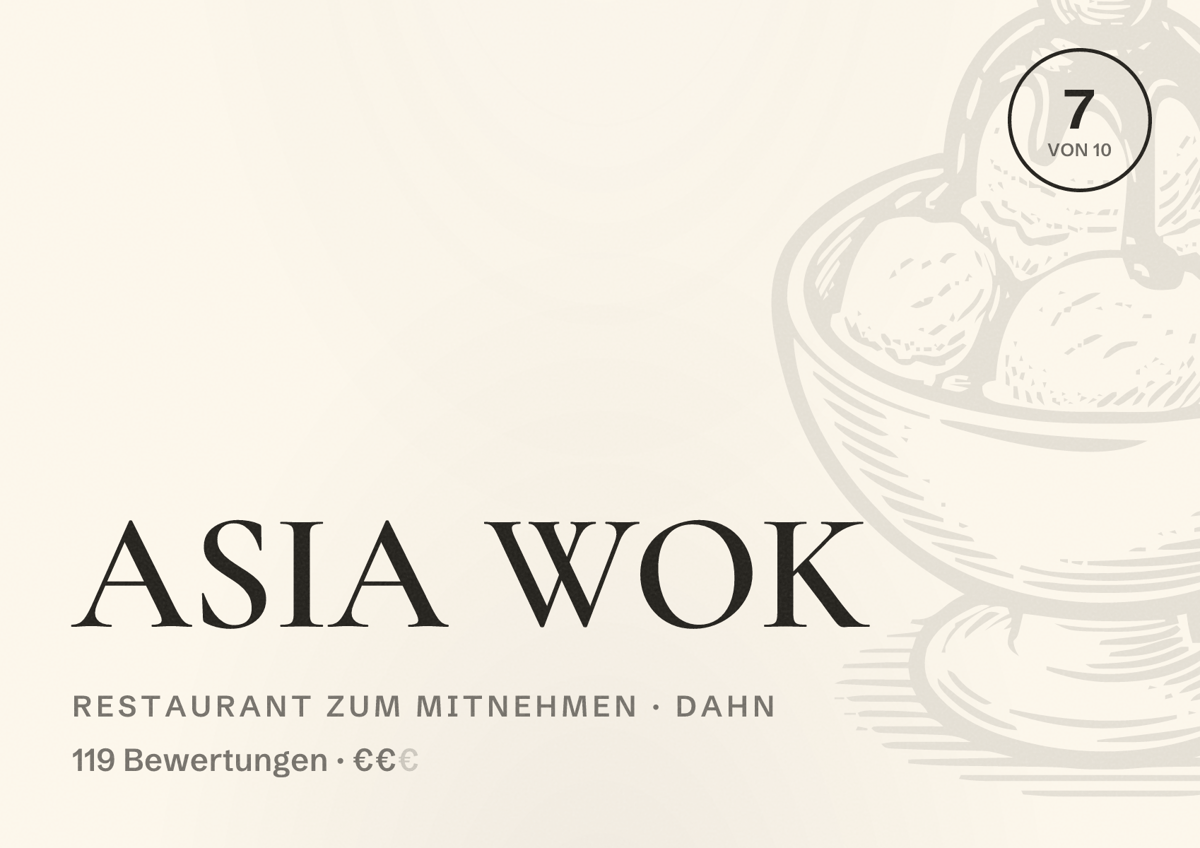 Illustriertes Poster von ASIA WOK, Restaurant zum Mitnehmen in Dahn: Bewertung 7 von 10 aus 119 Bewertungen, Preisniveau €€