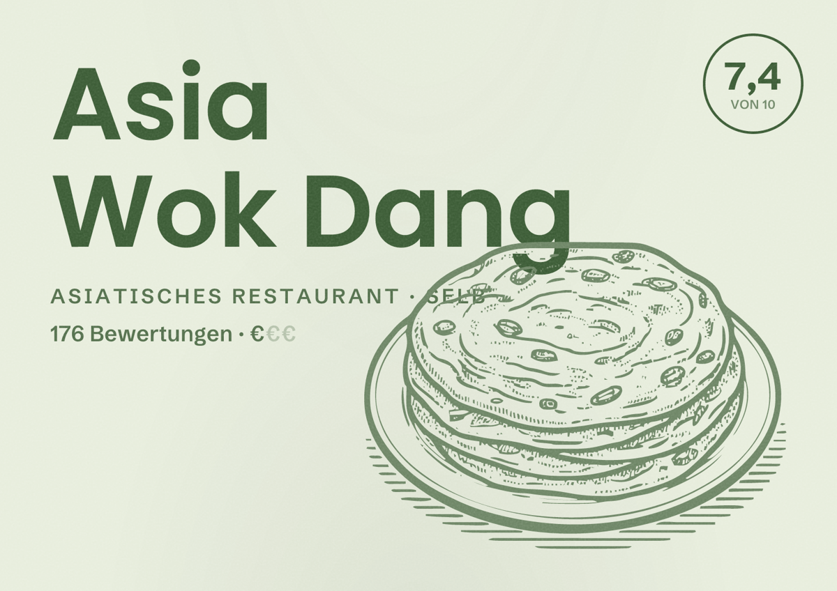 Illustriertes Poster von Asia Wok Dang, Asiatisches Restaurant in Selb: Bewertung 7,4 von 10 aus 176 Bewertungen, Preisniveau €