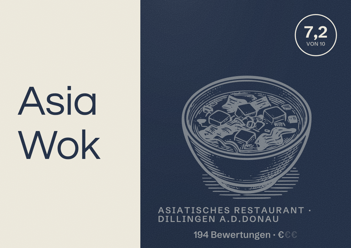 Illustriertes Poster von Asia Wok, Asiatisches Restaurant in Dillingen a.d.Donau: Bewertung 7,2 von 10 aus 194 Bewertungen, Preisniveau €