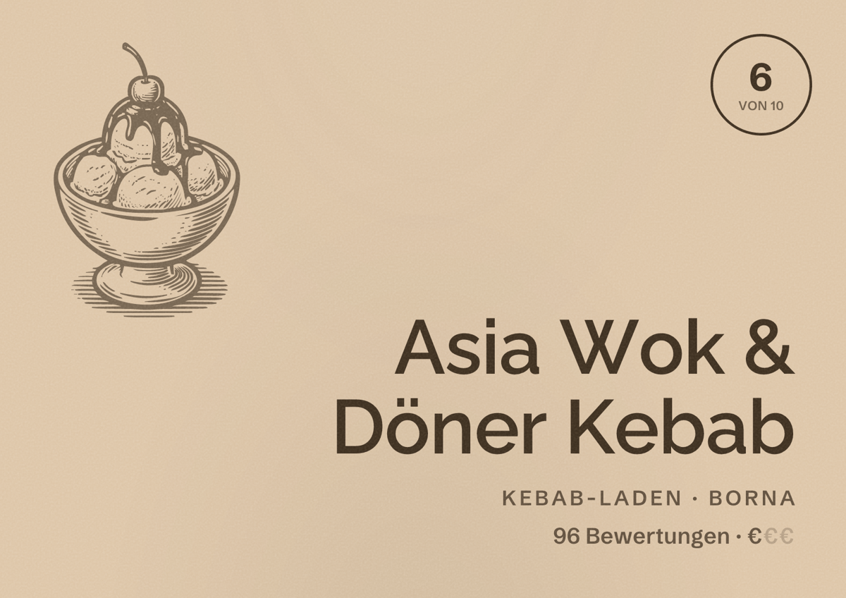 Illustriertes Poster von Asia Wok & Döner Kebab, Kebab-Laden in Borna: Bewertung 6 von 10 aus 96 Bewertungen, Preisniveau €