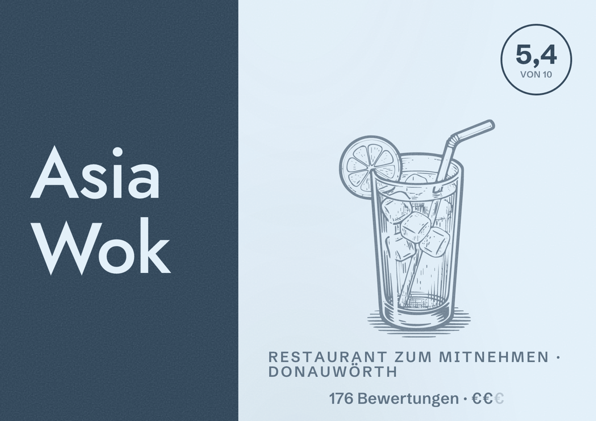 Illustriertes Poster von Asia Wok, Restaurant zum Mitnehmen in Donauwörth: Bewertung 5,4 von 10 aus 176 Bewertungen, Preisniveau €€