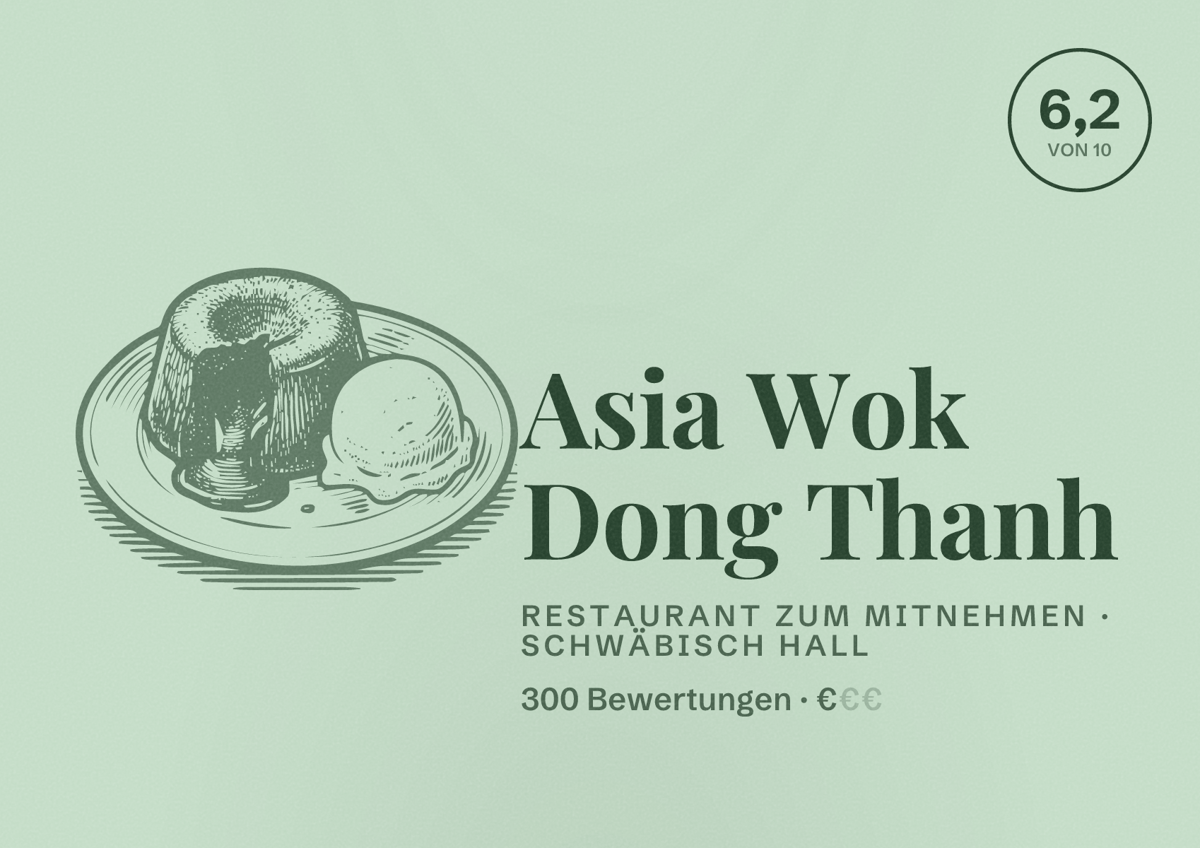 Illustriertes Poster von Asia Wok Dong Thanh, Restaurant zum Mitnehmen in Schwäbisch Hall: Bewertung 6,2 von 10 aus 300 Bewertungen, Preisniveau €