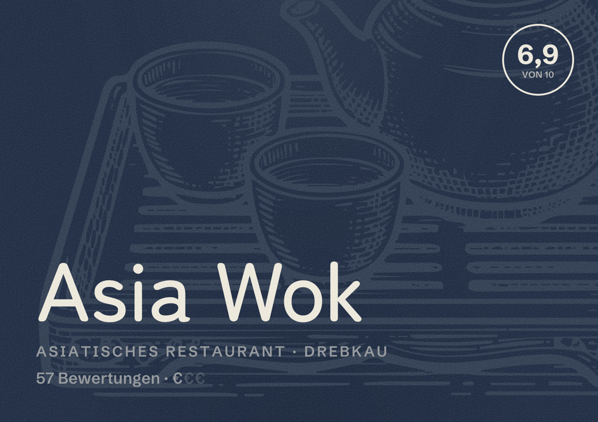 Illustriertes Poster von Asia Wok, Asiatisches Restaurant in Drebkau: Bewertung 6,9 von 10 aus 57 Bewertungen, Preisniveau €