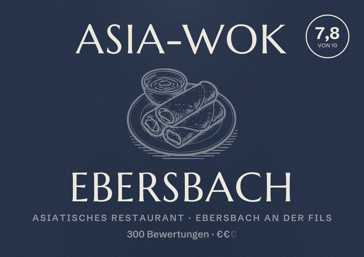 Illustriertes Poster von Asia-Wok Ebersbach, Asiatisches Restaurant in Ebersbach an der Fils: Bewertung 7,8 von 10 aus 300 Bewertungen, Preisniveau €€