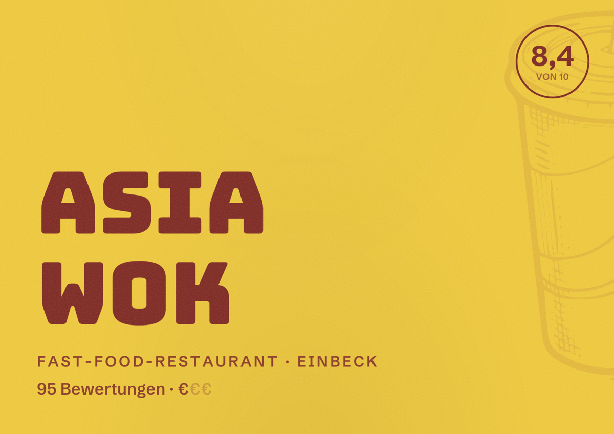 Illustriertes Poster von Asia Wok, Fast-Food-Restaurant in Einbeck: Bewertung 8,4 von 10 aus 95 Bewertungen, Preisniveau €