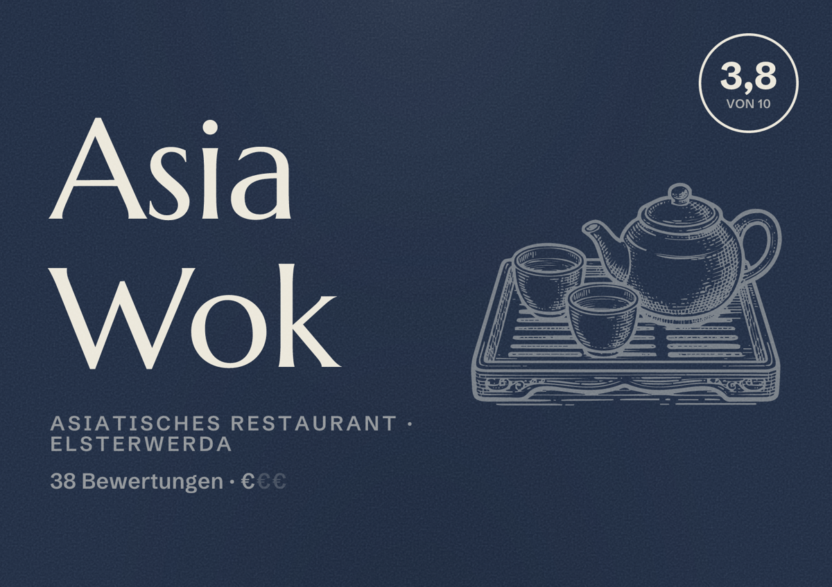 Illustriertes Poster von Asia Wok, Asiatisches Restaurant in Elsterwerda: Bewertung 3,8 von 10 aus 38 Bewertungen, Preisniveau €
