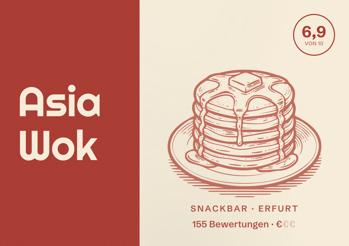 Illustriertes Poster von Asia Wok, Snackbar in Erfurt: Bewertung 6,9 von 10 aus 155 Bewertungen, Preisniveau €