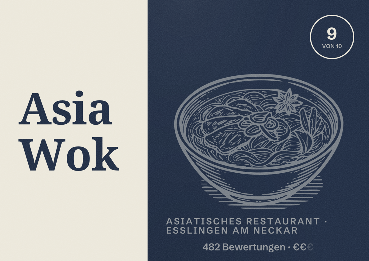 Illustriertes Poster von Asia Wok, Asiatisches Restaurant in Esslingen am Neckar: Bewertung 9,0 von 10 aus 482 Bewertungen, Preisniveau €€