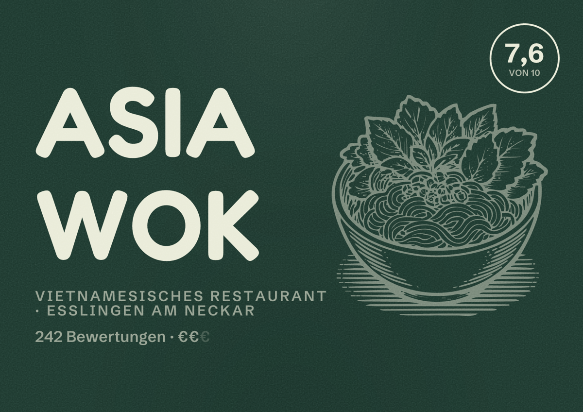 Illustriertes Poster von Asia Wok, Vietnamesisches Restaurant in Esslingen am Neckar: Bewertung 7,6 von 10 aus 242 Bewertungen, Preisniveau €€