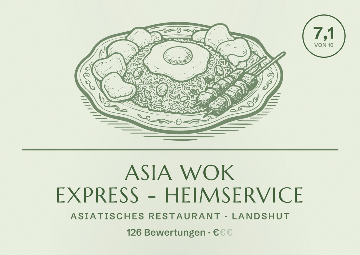 Illustriertes Poster von Asia Wok Express - Heimservice, Asiatisches Restaurant in Landshut: Bewertung 7,1 von 10 aus 126 Bewertungen, Preisniveau €