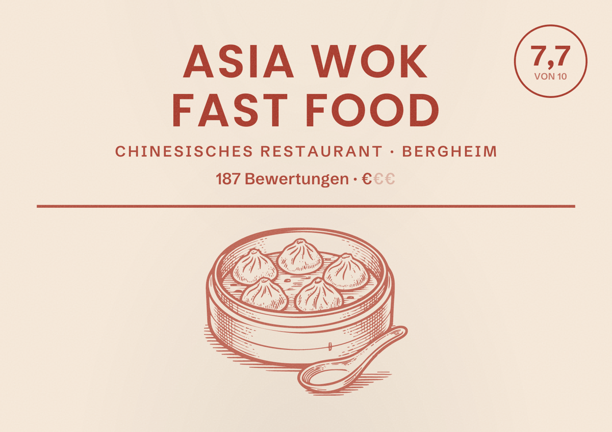 Illustriertes Poster von Asia Wok Fast Food, Chinesisches Restaurant in Bergheim: Bewertung 7,7 von 10 aus 187 Bewertungen, Preisniveau €