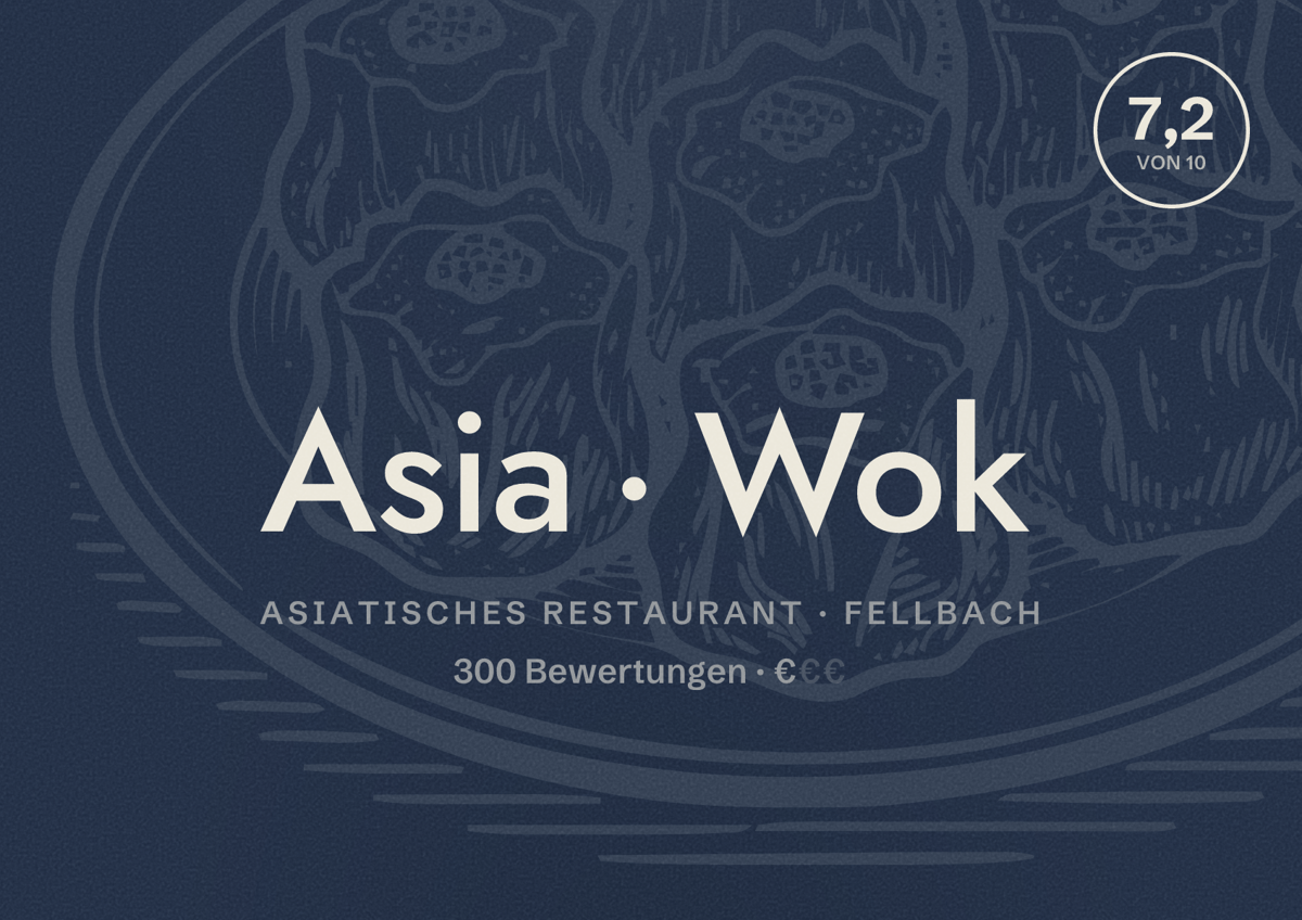 Illustriertes Poster von Asia Wok, Asiatisches Restaurant in Fellbach: Bewertung 7,2 von 10 aus 300 Bewertungen, Preisniveau €