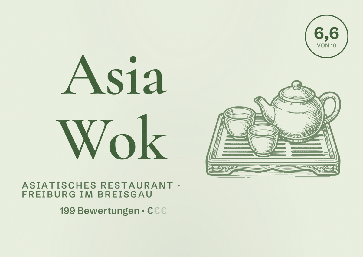 Illustriertes Poster von Asia Wok, Asiatisches Restaurant in Freiburg im Breisgau: Bewertung 6,6 von 10 aus 199 Bewertungen, Preisniveau €