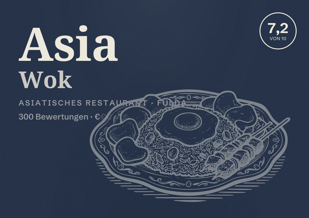 Illustriertes Poster von Asia Wok, Asiatisches Restaurant in Fulda: Bewertung 7,2 von 10 aus 300 Bewertungen, Preisniveau €