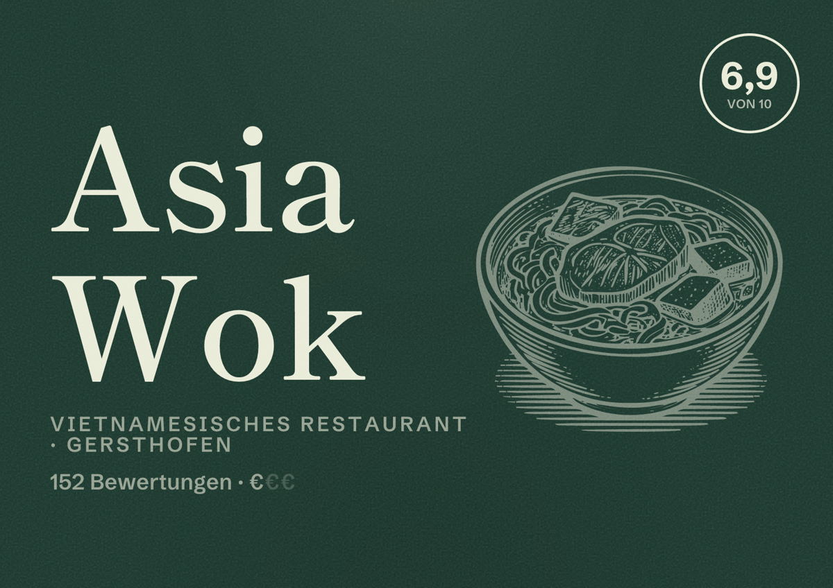 Illustriertes Poster von Asia Wok, Vietnamesisches Restaurant in Gersthofen: Bewertung 6,9 von 10 aus 152 Bewertungen, Preisniveau €