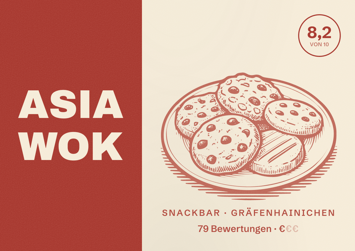 Illustriertes Poster von ASIA WOK, Snackbar in Gräfenhainichen: Bewertung 8,2 von 10 aus 79 Bewertungen, Preisniveau €